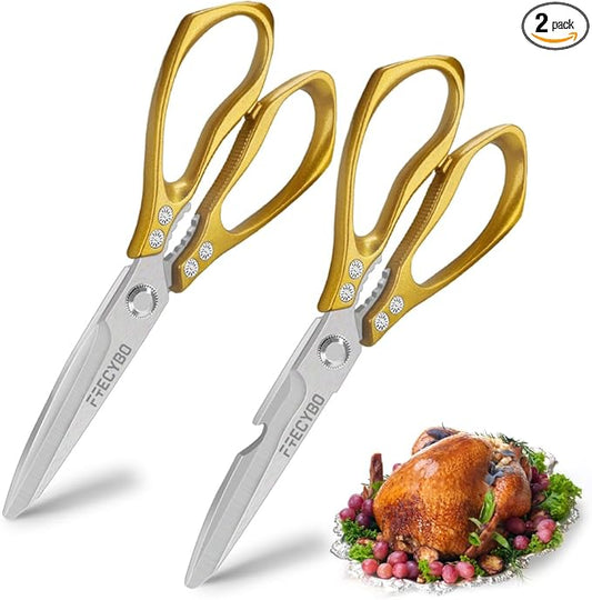 Kitchen Scissors, 2-Pack Multipurpose Kitchen Shears with Comfort Grip, Stainless Steel Cooking Scissors for Cutting Chicken, Meat, Food, Fish, Bread (Golden)