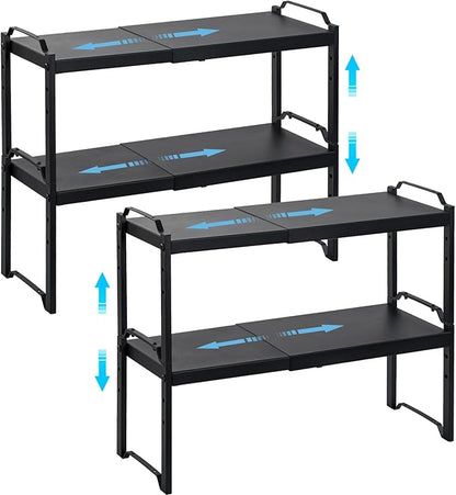 4 Pack Kitchen Cabinet Shelves Organizers, Kitchen Counter Storage Shelf Spice Rack, Expandable Length, Adjustable Height, Stackable, Sturdy 30LBS Bearing, Small Cupboard Tabletop Organizer Shelf Rack by X-cosrack