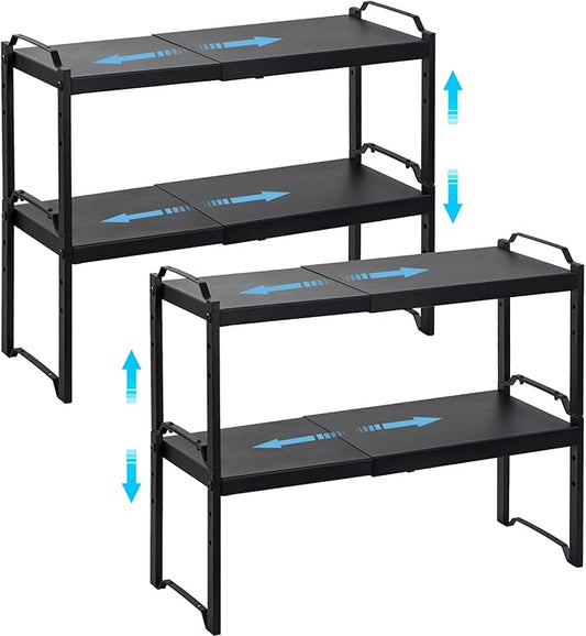 4 Pack Kitchen Cabinet Shelves Organizers, Kitchen Counter Storage Shelf Spice Rack, Expandable Length, Adjustable Height, Stackable, Sturdy 30LBS Bearing, Small Cupboard Tabletop Organizer Shelf Rack by X-cosrack