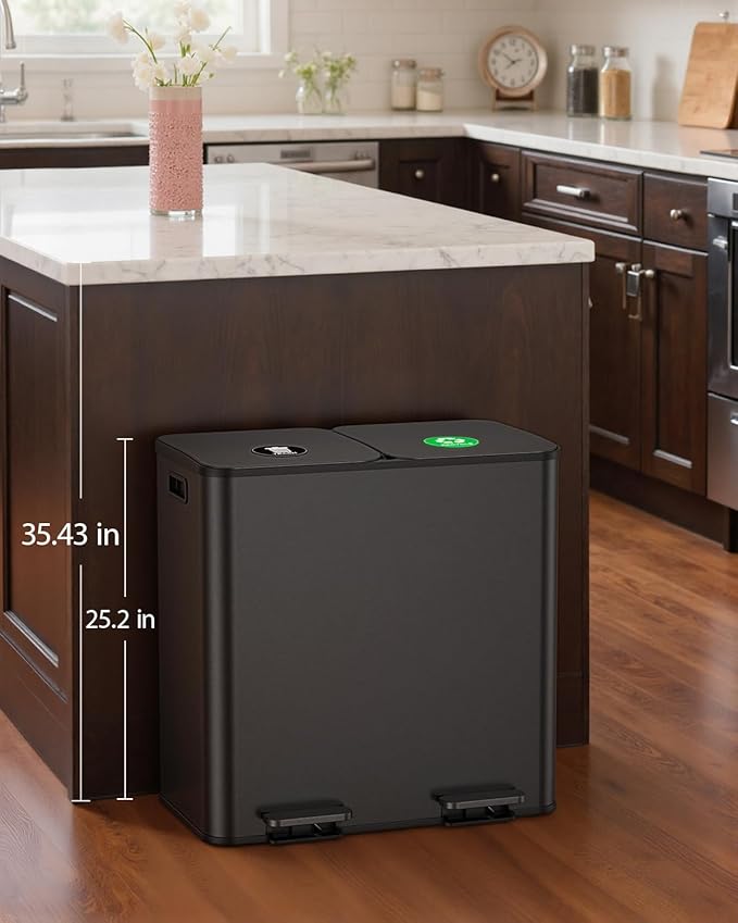 Lovewind Dual Trash and Recycling Bins for Kitchen, 2 * 11-Gallon Stainless Steel Double Trash Can, Step-On Garbage and Recycle Combo, Quiet Close, Pet-Proof, Compatible with 13-Gallon Bags, Black - Image 2