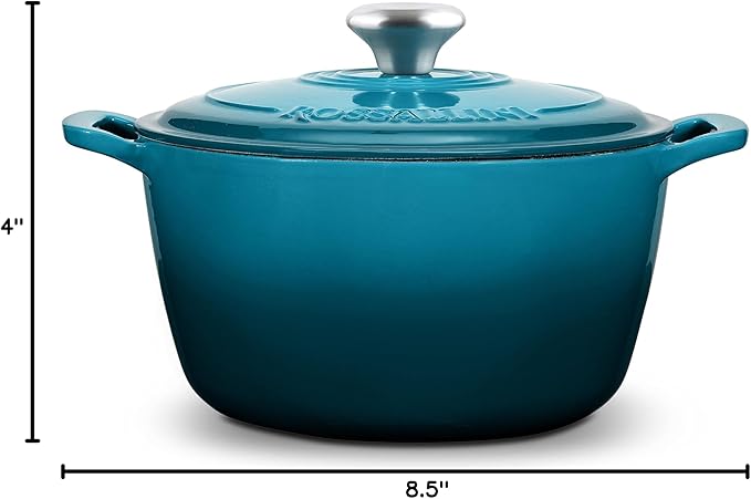 ROSSALLINI Signature Enameled Cast Iron Dutch Oven, Non-Stick Serving Pot with Tight Fitting Lid for Perfect Roasting, Baking, Sauteing, and Bread Making | 3.5Q (3.3L) - Ocean Blue