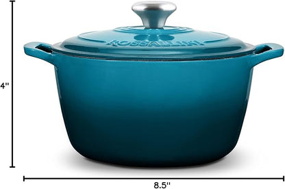 ROSSALLINI Signature Enameled Cast Iron Dutch Oven, Non-Stick Serving Pot with Tight Fitting Lid for Perfect Roasting, Baking, Sauteing, and Bread Making | 3.5Q (3.3L) - Ocean Blue