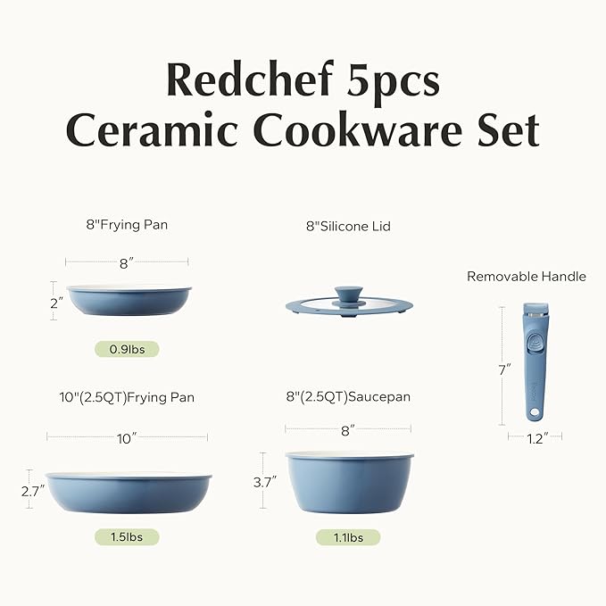 Redchef Ceramic Cookware Set, Removable Handle Pots and Pans Non-Stick, Rv Cookware Set, Non-Toxic Pots and Pans Set No PFAS, PTFE, PFOA, Detachable Pots and Pans, Dishwasher & Oven Safe(Blue) - Image 9