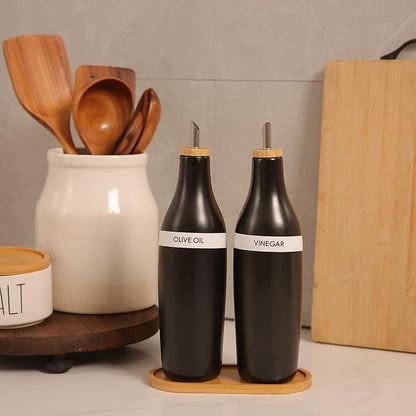 HOMCDALY Olive Oil and Vinegar Dispenser Set, Two 16oz Ceramic Oil Dispenser for Kitchen, Kitchen Dispenser Bottle for EVOO Vinegar Syrups, Modern Farmhouse Design| Set of 2 – Black - Image 2
