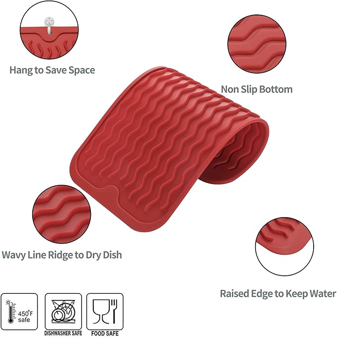 MicoYang Silicone Dish Drying Mat for Multiple Usage,Easy clean,Eco-friendly,Heat-resistant Silicone Mat for Kitchen Counter or Sink,Refrigerator or Drawer Liner Red S 12 inches x 6 inches - Image 3