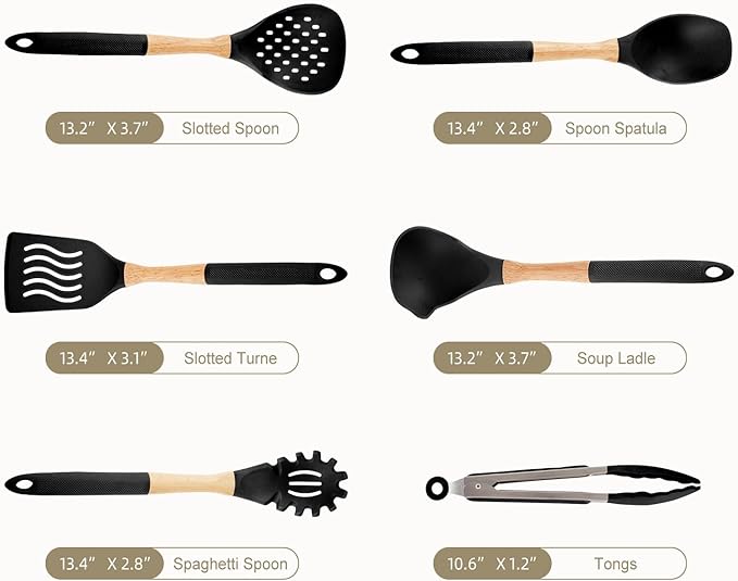 Kitchen Utensils Set - 7 PCS Non-Stick Silicone Cooking Utensils Set Spatula Set with Holder, Wooden Handle Spoon,Tongs,Whisk Kitchen Gadgets Tools Set for Nonstick Cookware (Black-7Max) - Image 6