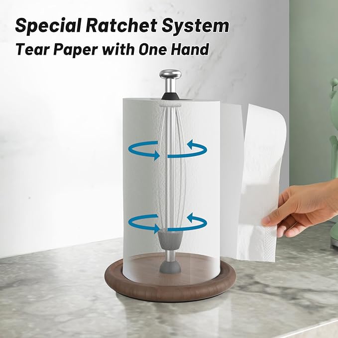 VEHHE Wooden Paper Towel Holder Countertop with Weighted Base, One-Handed Tear Paper Towel Holder Stand with Damping Function and EVA Non-Slip Pad, for Kitchen Bathroom Farmhouse - Image 2