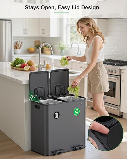 Lovewind 2×11.5 Gallon Dual Trash Can, Stainless Steel Dual Garbage and Recycling Can with Foot Pedal, 90° Stay-Open Lid, Pet-Proof Design – Large Dual Compartment Trash Recycling Bins Kitchen, Grey