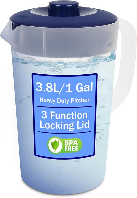 Water Pitcher with Lid 1 Gallon Pitcher, Freezer/Dishwasher Safe, BPA Free & Phthalate Free - Navy by JOEYZ