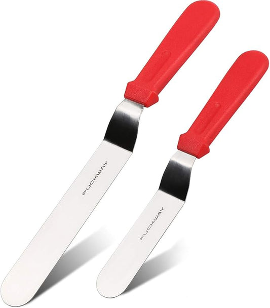 Angled Icing Spatula, Stainless Steel Offset Spatula, Cake Spatula Set of 2 Red 6" & 8" by PUCKWAY