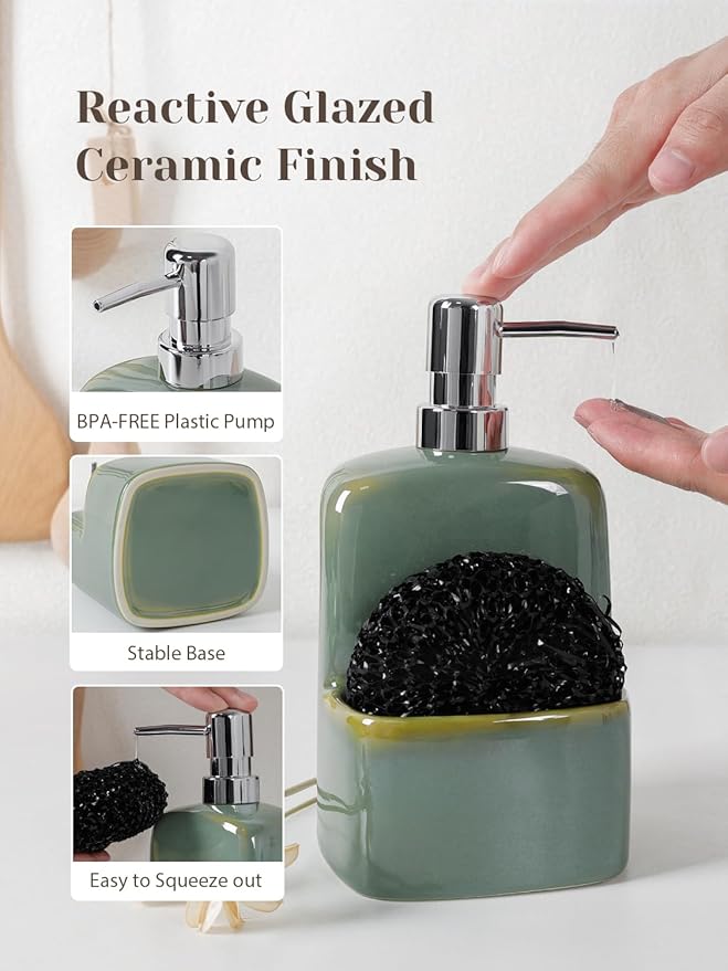 INGOFIN Kitchen Dish Soap Dispenser with Sponge Holder, 2-in-1 Ceramic Refillable Hand Soap Bottle & Sponge Caddy Set, for Kitchen Sink Organizer and Bathroom, Green