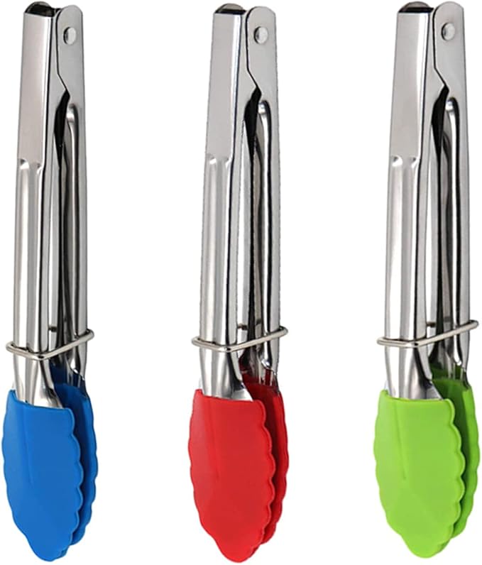 Mini Kitchen Tongs with Silicone Tips, 3-Piece Set, 7-Inch Non-Stick Small Tongs with Stainless Steel Silicon Handles, Heat Resistant for Cooking and Serving (Multi-Color) by JXJYZLN