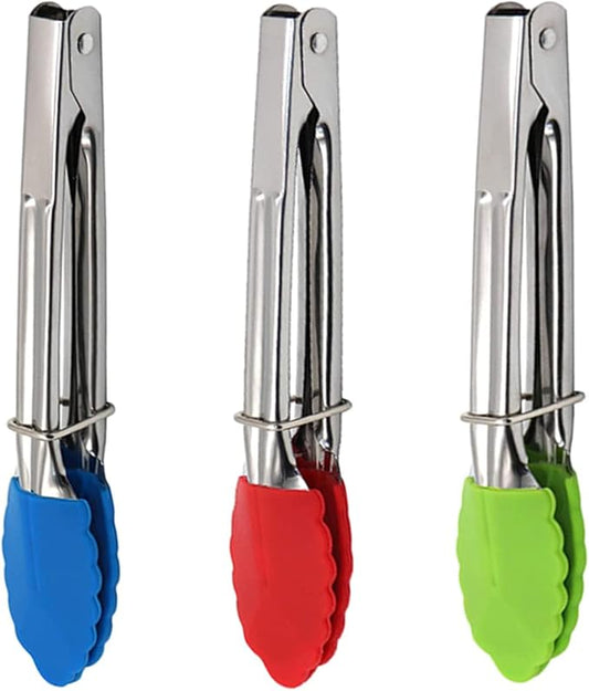 Mini Kitchen Tongs with Silicone Tips, 3-Piece Set, 7-Inch Non-Stick Small Tongs with Stainless Steel Silicon Handles, Heat Resistant for Cooking and Serving (Multi-Color) by JXJYZLN