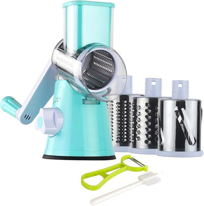 Ourokhome Rotary Cheese Grater Hand Crank, Kitchen Shredder Speed Mandolin Slicer Nut Grinder with Handle and Drum Blades for Cheese, Vegetable, Walnut, Chocolate, Potato, Carrot, 3 Blades, Blue by Ourokhome