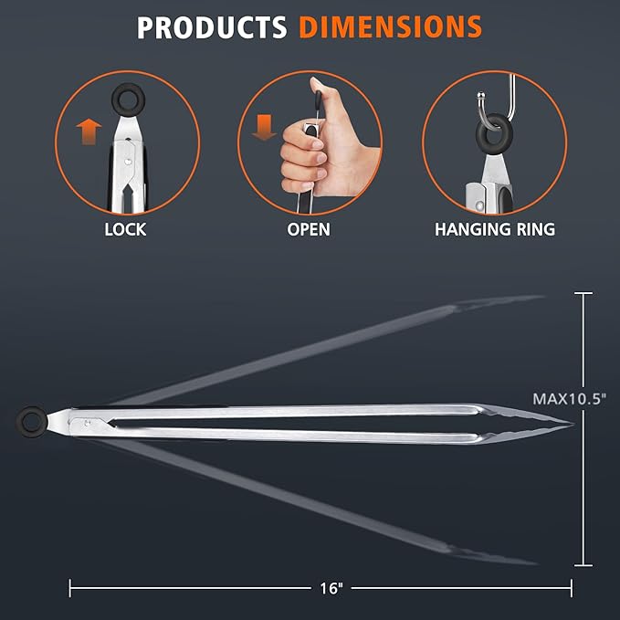 Hotec Stainless Steel Kitchen Tongs, 16 Inch Extra Long Locking Metal Food Tongs for Cooking, Serving, BBQ, Grill Non-Slip Grip - Image 5