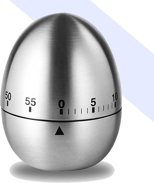 Stainless Steel Mechanical Kitchen Timer, Classic Egg Shape 60-Minute Manual Countdown, Professional Matte Silver Visual Timer for Hard Boiled Eggs, Baking & Professional Chef (Silver)