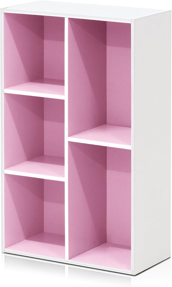 Furinno LUDER Book Shelf, 5-Cube Bookshelf, Reversible Bookcase, 9.4 x 19.5 x 31.5, Easy Assembly, for Living Room, Bedroom, Home Office, White/Pink by Furinno-FitsYourSpaceFitsYourBudget