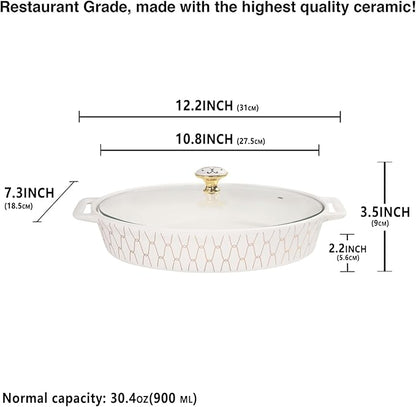 10" x 7" Ceramic Oval Casserole Dish with Glass Lid, 30 Ounce Serving Soup Tureen,Chafing Dish for Buffet, Family Food preserve Tray, Catering Casserole for Party Style