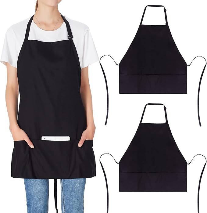 Jubatus 2 Pack 3 Pockets 100% Cotton Adjustable Bib Apron Chef Kitchen Cooking Aprons for Women Men, Black by Jubatus