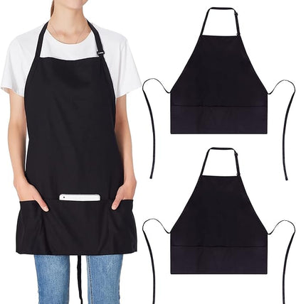 Jubatus 2 Pack 3 Pockets 100% Cotton Adjustable Bib Apron Chef Kitchen Cooking Aprons for Women Men, Black by Jubatus