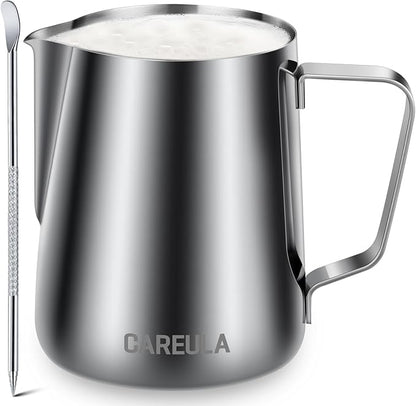 Milk Frothing Pitcher, 12oz Stainless Steel Milk Frother Cup Steaming Pitcher, Coffee Bar Cappuccino Espresso Machine Accessories Barista Tools, Metal Pitcher Milk Jug with Decorating Latte Art Pen
