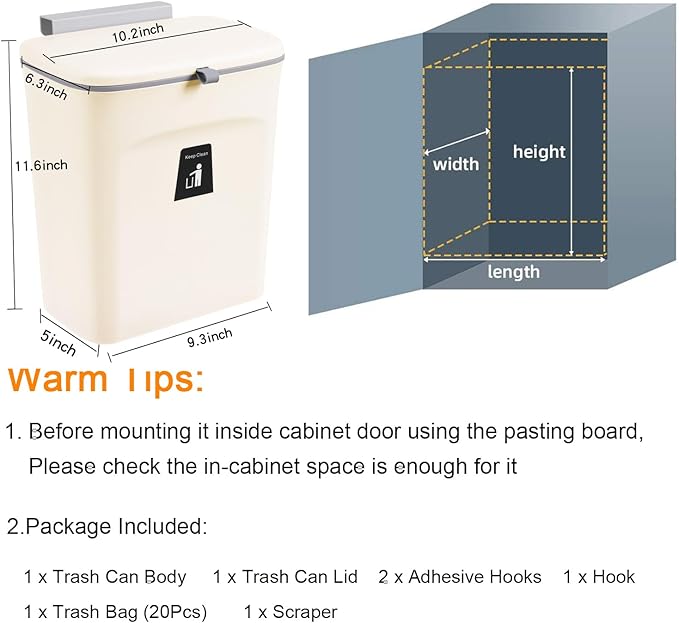 Tiyafuro 2.4 Gallon Kitchen Compost Bin for Counter Top or Under Sink, Hanging Small Trash Can with Lid for Cupboard/Bathroom/Bedroom/Office/Camping, Mountable Indoor Compost Bucket, Beige - Image 7