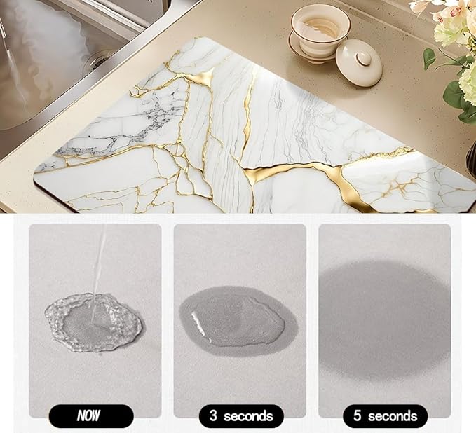Coffee Mat or Dish Drying Mat Super Absorbent Drying Marble pattern Mat, Fit Under Coffee Maker Espresso Machine Absorbent Hide Stain Rubber Backed Dish Drying Mat for Kitchen Counter (12″x 20″white)
