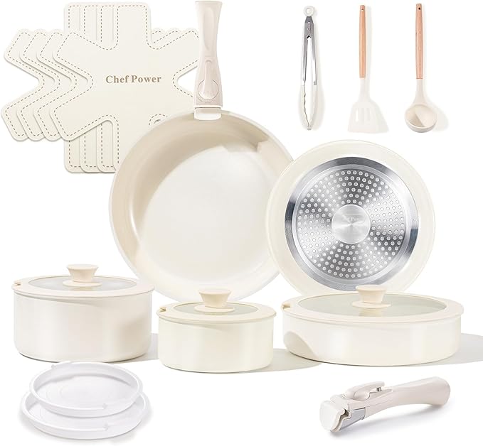 Chef Power Ceramic Cookware Set Non Toxic with Detachable Handles, Healthy Nonstick Pans and Pots Set 19 Pcs, Induction Dishwasher Oven Safe Kitchen Set, PFAS PFOA & PTFE Free, Cream White by ChefPower