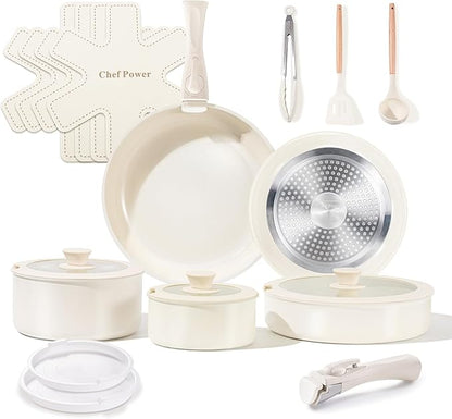 Chef Power Ceramic Cookware Set Non Toxic with Detachable Handles, Healthy Nonstick Pans and Pots Set 19 Pcs, Induction Dishwasher Oven Safe Kitchen Set, PFAS PFOA & PTFE Free, Cream White by ChefPower