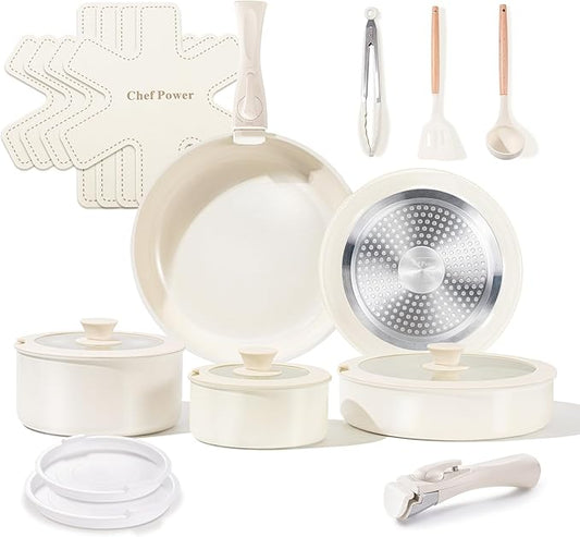 Chef Power Ceramic Cookware Set Non Toxic with Detachable Handles, Healthy Nonstick Pans and Pots Set 19 Pcs, Induction Dishwasher Oven Safe Kitchen Set, PFAS PFOA & PTFE Free, Cream White by ChefPower