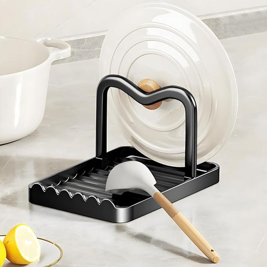 Spoon Rest with Lid Holder, Stainless Steel Lid Holder While Cooking & Organizer with Detachable Drain Tray, Anti-Rust Countertop Space Saver for Spoons, Spatulas (Black) by VANEME