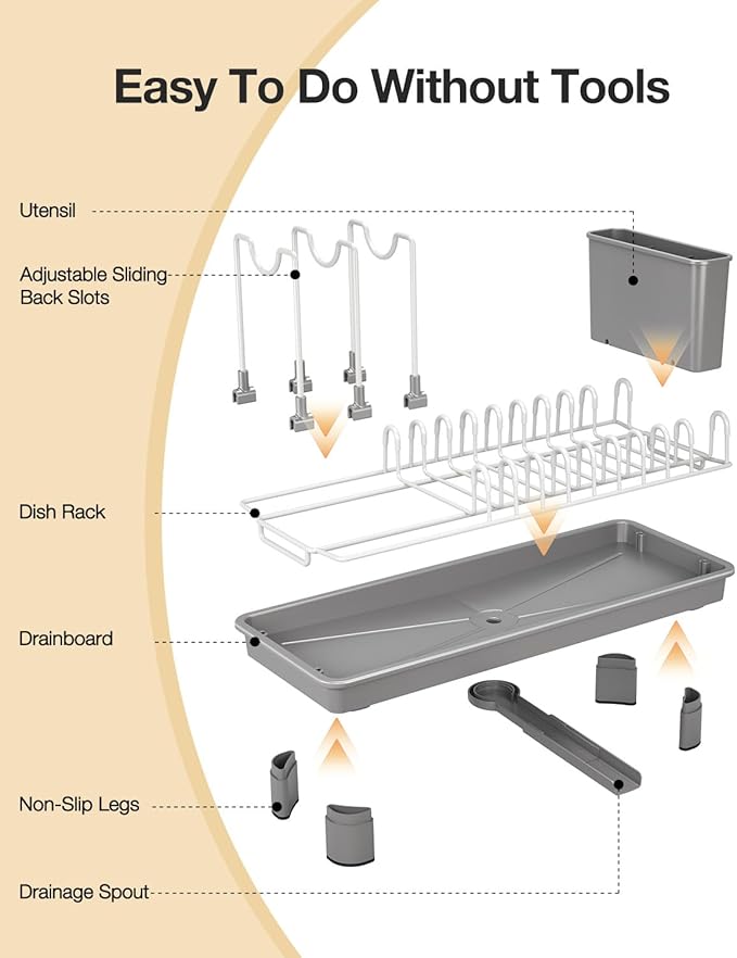 Dish Rack, Carbon Steel Small Dish Drying Rack Rustproof for Kitchen Counter, Compact Space-Saving Dish Drainer with Adjustable Slots for Small Kitchens & Apartments, 16.5×6.5×7inch, Grey - Image 8