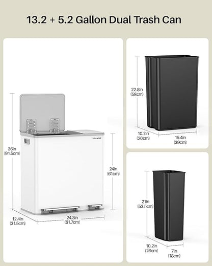 Dual Trash and Recycling Bins for Kitchen, 13.2 + 5.2 Gal (50+20L) Stainless Steel Trash and Recycle Bin Combo with Soft-Close Lid, Large Garbage Cans for Kitchen Home with 2 Magnets Sticker, White