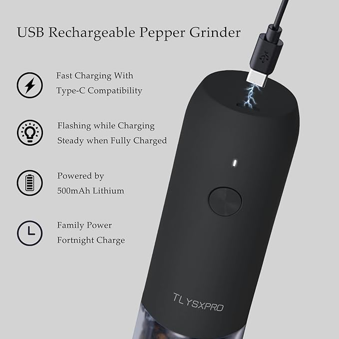 Electric Salt and Pepper Grinder Set, USB Rechargeable, Automatic Salt and Pepper Mill Grinder with Adjustable Coarseness, Electric Salt Shakers, LED Light, Refillable (2 Packs, Black) - Image 5