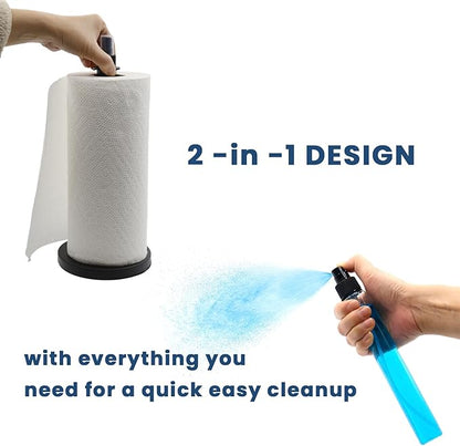 2 in 1 Paper Towel Holder with Spray Bottle, Countertop Paper Towel Holder with Weighted Base, Stainless Steel Paper Towel Roll Holder Black for Kitchen, Bathroom (Black)