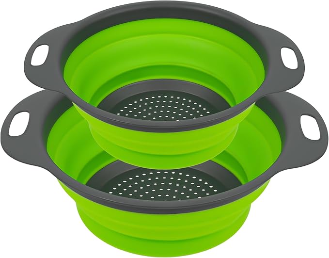 AUAUY 2 Pack Collapsible Colander Set, Round Silicone Folding Collapsible Strainers with Plastic Handles, Eco-Friendly Food Strainer for Kitchen Draining Pasta Vegetables Fruits-1 Large and 1 Small by AUAUY