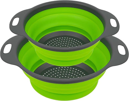AUAUY 2 Pack Collapsible Colander Set, Round Silicone Folding Collapsible Strainers with Plastic Handles, Eco-Friendly Food Strainer for Kitchen Draining Pasta Vegetables Fruits-1 Large and 1 Small by AUAUY