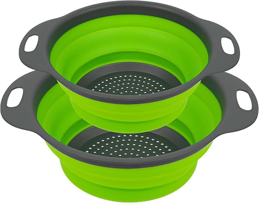 AUAUY 2 Pack Collapsible Colander Set, Round Silicone Folding Collapsible Strainers with Plastic Handles, Eco-Friendly Food Strainer for Kitchen Draining Pasta Vegetables Fruits-1 Large and 1 Small by AUAUY
