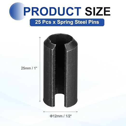 MECCANIXITY 25Pcs Slotted Split Roll Pins 1/2 Inch(12mm) Dia. 1 Inch(25mm) Length 65Mn Steel Spring Tension Expansion Dowels for Secure Fastening, Black