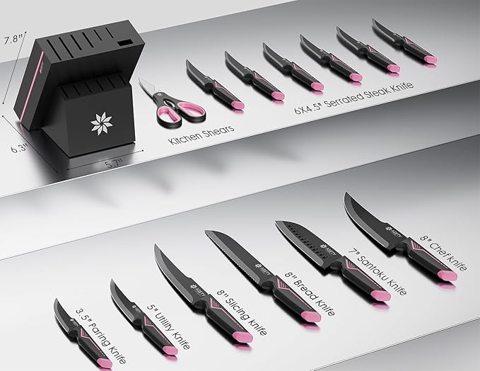 Knife Set - 15 PCS Kitchen Knife Set with Built-in Knife Sharpener Block - Stainless Steel Knife Block Set - Dishwasher Safe, Elegant Box for Her Women Wife, Mothers Day, Pink - Image 3