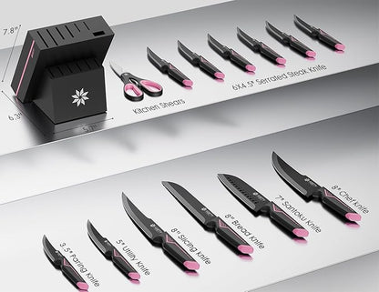 Knife Set - 15 PCS Kitchen Knife Set with Built-in Knife Sharpener Block - Stainless Steel Knife Block Set - Dishwasher Safe, Elegant Box for Her Women Wife, Mothers Day, Pink - Image 3