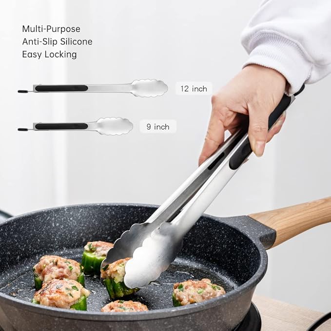 9 & 12 Inch Kitchen Tongs, Stainless Steel Metal Tongs Cooking Tongs, for Cooking Barbecue, BBQ Grilling, Buffet Serving (9"+12") - Image 2