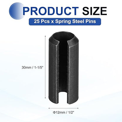 MECCANIXITY 25Pcs Slotted Split Roll Pins 1/2 Inch(12mm) Dia. 1-1/5 Inch(30mm) Length 65Mn Steel Spring Tension Expansion Dowels for Secure Fastening, Black