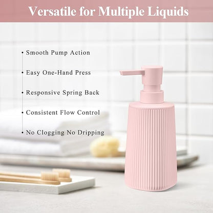 Pink 2 Pack Hand Soap Dispensers Set with No Rust Pump for Bathroom Kitchen or Vanity Countertops Refillable Striped Matte Plastic 8.5 oz Cute Design for Girls Room Decor