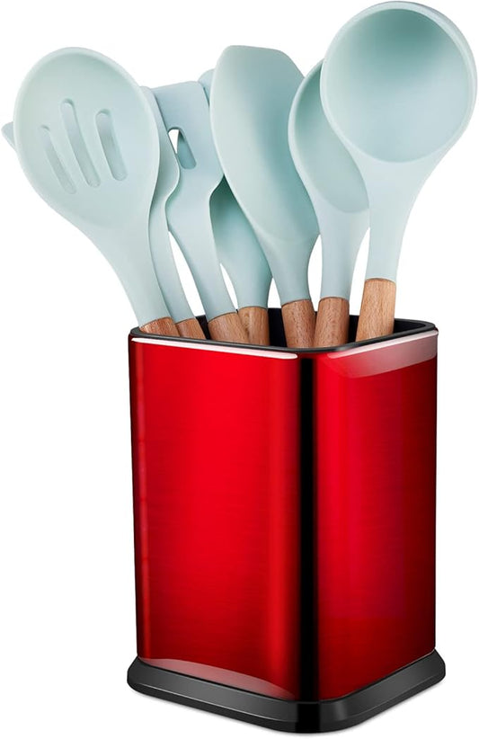 RedCall Stainless Steel Kitchen Utensil Holder for Countertop, Spoon Spatula Organizer,Modern Rectangular Large Cooking Utensil Caddy Counter,Utensil Crock (Stainless Steel Red) by RedCall