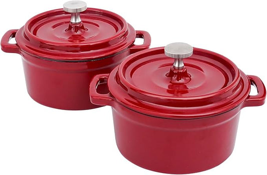 Flavehc Mini Cocotte 16 oz Mini Dutch Oven 0.5 qt. Cast Iron Garlic Roaster for Oven Garlic Confit Pot Ramekins with Lids Oven Safe Set of 2, Red
