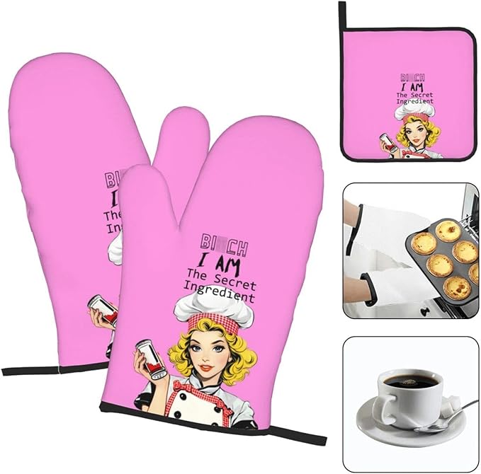 Funny Oven Mitts and Pot Holders Sets, Cute Kitchen Oven Mitts Heat Resistant Set of 3, Pink Kitchen Gloves Hot Pads, Funny Baker Gifts for Baking Lovers Women