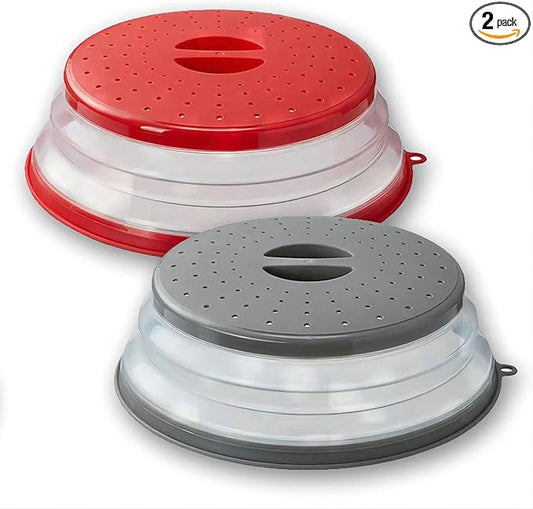 2-Pack Microwave Splatter Covers for Food, 10.5 Inch Collapsible Vented Plate Lids (Grey & Red Combo), BPA-Free Silicone & Plastic, Dishwasher Safe, No Mat Included by WENWELLHOME