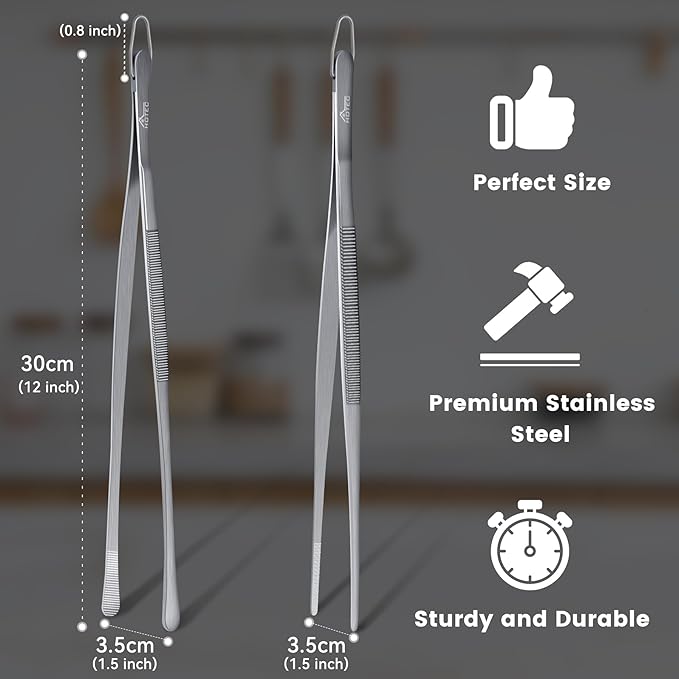 HOTEC Kitchen Tweezers Tongs Stainless Steel Professional Chef Tweezers, Set of 2-12inch Extra-Long Food Tongs for Cooking,Grill and Baking - Image 7