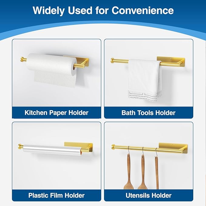 Paper Towel Holder - Self-Adhesive or Drilling, Gold, Wall Mounted, SUS304 Stainless Steel Kitchen Roll Dispenser Under Cabinet - Image 4
